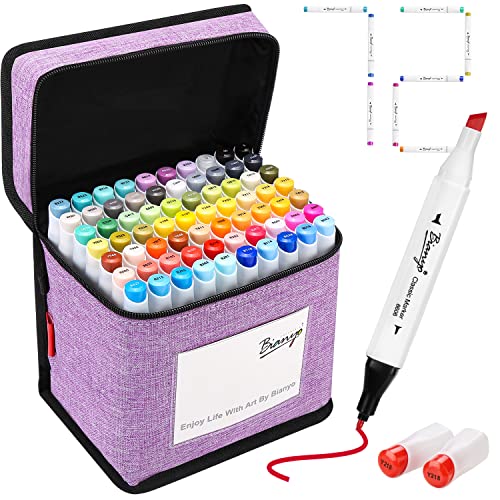 Bianyo 72 Colors Alcohol Markers Set, Dual Tip Fine & Chisel Art Markers with Purple Carry Case for Adult Coloring Books, Sketching, Blending & Drawing, Great for Artists, Beginners & Holiday Gifts - color: 72 Classic Colors – Purple Bag