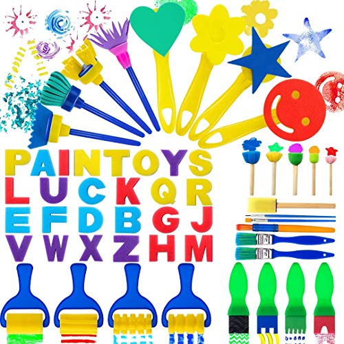 53Pcs Painting Brushes for Kids Paint Sponges, Washable Paint Brushes Set for Toddler Kids Early Learning Finger Paints sponges Foam Art Supplies Toys Present with 26 Alphabets