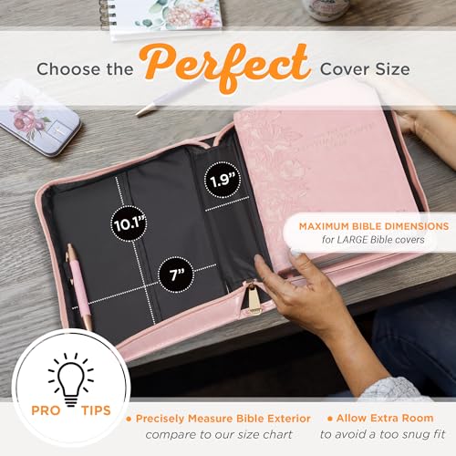 Christian Art Gifts Premium Vegan Leather Fashion Floral Bible Cover for Women: Strength & Dignity - Prov. 31:25 Inspirational Scripture Verse Carry Case w/Pockets & Pen Storage, Pink & Gold, Large - size: Large