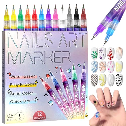 12 Colors Nail Art Pens Set, 2026 New Nail Art Markers Polish Pen for 3D Nail Art, 0.5mm Quick Dry Nail Polish Pens for Drawing, Painting & Dotting, DIY Nail Art Pen Set for Manicure Design Tools