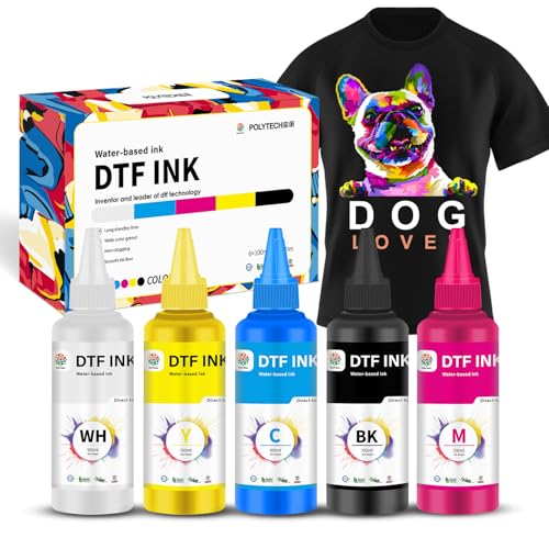 Polytech DTF Ink 6x100ML, Heat Transfer Printing Direct to Film, DTF Transfer Ink for PET Film, High Opacity Refill DTF Ink for Epson Printers ET-8550, XP-15000, L1800, L805, R1390, I3200, XP600 - size: CMYKW 6x100ML