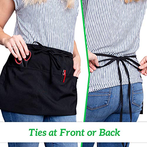 GREEN LIFESTYLE Server Aprons with 3 Pockets - Waist Apron, Waitress Apron for Women and Man, Water Resistant with Long Waist Strap Reinforced Seams, Half Apron (12 Pack - Black) - style: Bistro