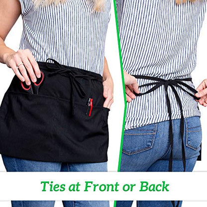 GREEN LIFESTYLE Server Aprons with 3 Pockets - Waist Apron, Waitress Apron for Women and Man, Water Resistant with Long Waist Strap Reinforced Seams, Half Apron (12 Pack - Black) - style: Bistro