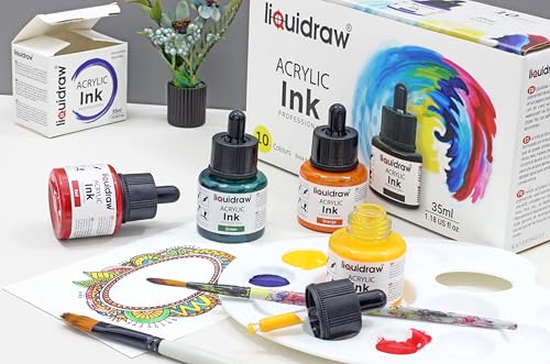 Liquidraw Acrylic Drawing Ink - 10 x 1.18 fl oz (35 ml) Bottles with Ink Dropper | Suitable for Painting, Art Drawing & Design | Great for Professionals, Artists, Students & Hobbyists | Craft Gift