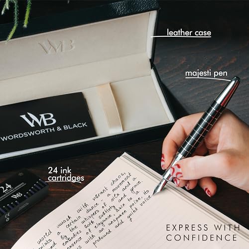 Wordsworth & Black Majesti Fountain Pen-(Checked), Luxury Case, Chrome Finish; Extra Fine Nib- Ink Cartridges, Refillable Ink Converter-Calligraphy Pen-Best Business Gift Set for Men & Women | Checked, Gift for Men Women, Chrome Finish, 18K German Iridium