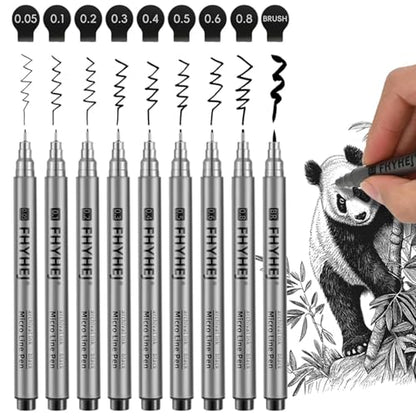 Micro Fineliner Drawing Art Pens: 9 Black Fine Line Ink Set Artist Supplies Archival Inking Markers Liner Professional Sketch Outline Anime Sketching Artist Illustration Watercolor