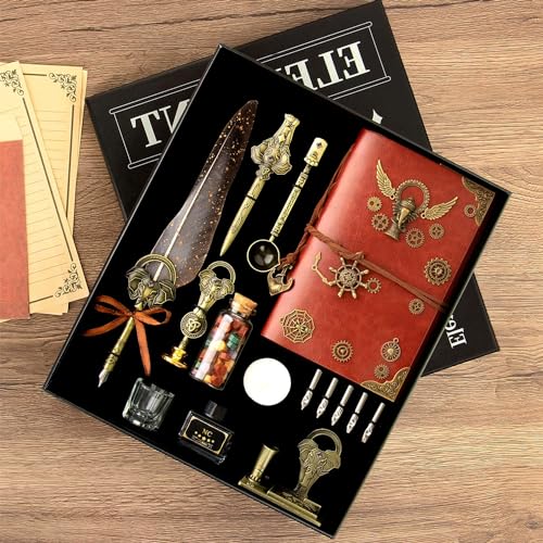 NC Feather Pen Ink Set,with Quill Pen,Notebook,5 Replaceable Nibs,Ink,Pen Holder,Stamp,Spoon,Wax Beads, White Wax,Cup,Envelopes and Letter Paper Etc.Beautiful Gift Calligraphy Set.(Grey) - color: Grey