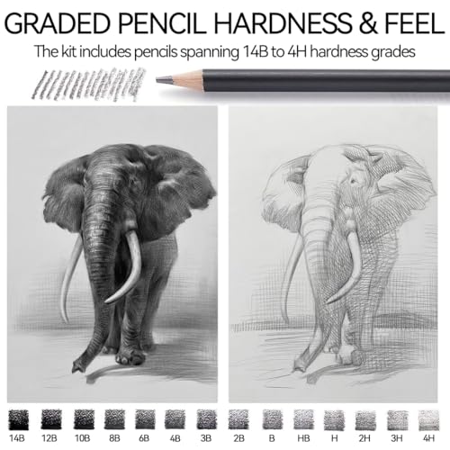PANDAFLY Drawing Sketch Pencil Set, 16 Piece, 4H to 14B Graphite Pencils | Includes Erasers and Pencil Sharpener, Pro Art Pencil Kit for Drawing, Sketching, Shading, Ideal for Artists and Beginners