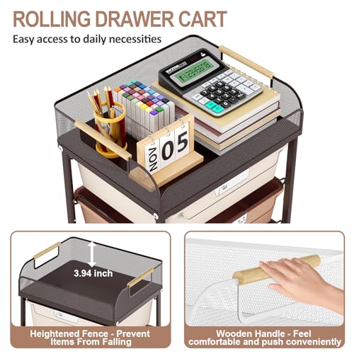 SYKIARIOL 4-Drawer Rolling Storage Cart with Mesh Top, Utility Craft Organizer Cart on Wheels with DIY Labels, Rolling Drawer Cart for Home Office Classroom Bedroom, Brown - color: Brown