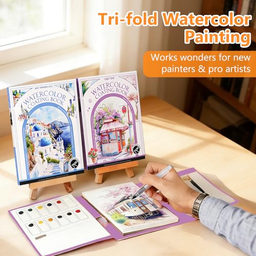 Mulyric 2-Pack Watercolor Painting Books for Adults & Beginners - All-in-One Creative Stress Relief Art Kit with 3-Fold Pad, 32 Pre-Printed Pages, 24 Colors & 2 Brushes (European + Serene Scenery) - color: European + Serene Scenery