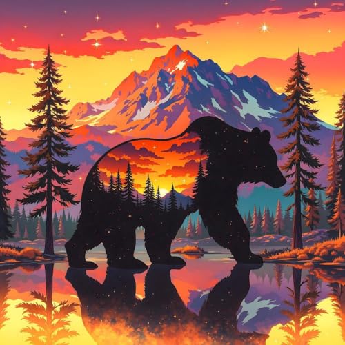 GEEHEIY Paint by Numbers Kit for Adults, Bear Adult Paint by Number Kits on Canvas, Sunset DIY Paint by Number Kit with Acrylic Paint, Mountain Wall Art Home Decor Gift 16 x 16 Inch - color: TRTDNF1P402