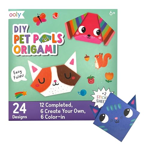 Ooly DIY Paper Kit, 24 Animal Origami Designs & Stickers, Kit Includes 12 Completed, 6 Blank and 6 Color-in Folding Pet Origami Designs - color: Origami Pets