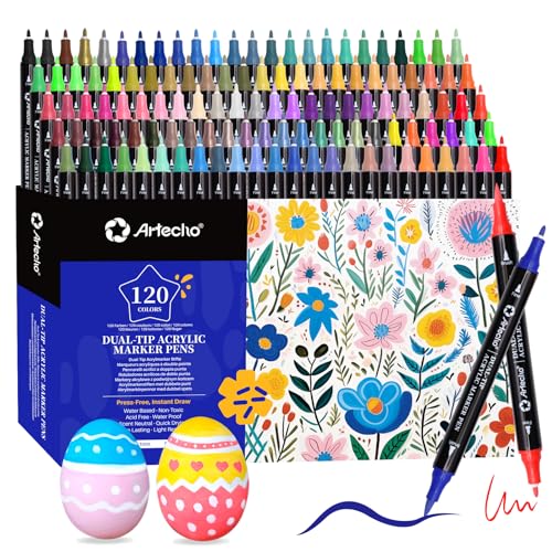 Artecho Acrylic Paint Markers 120 Colors, Acrylic Paint Pens with Brush Tip and Fine Tip for Stone, Rock Painting, Paper, Pumpkin, Wood, Egg, Canvas, Ceramic, Fabric, leather, Glass, DIY Crafts - color: 120 Colors