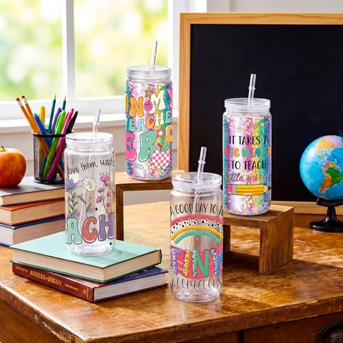 Meanplan 24 Pcs End of Year Teacher Appreciation Gifts DIY Snow Globe Tumbler Starter Kit, 16 oz 4 Double Wall Cups, UV Dtf Cup Wraps Glitter Sequins Tools for Back to School Birthday Retirement Gifts - style: Teacher Appreciation