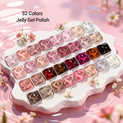JODSONE Jelly Gel Nail Polish Set, 32 Colors Sheer Pink Gel Polish Set with Base & Top Matte Glitter Coat for Nail Art DIY Salon at Home - color: B30