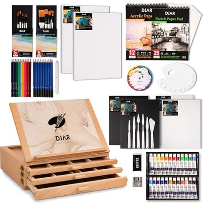DJAR 87 Pcs Acrylic Paint Set with Tabletop Art Easel, 3-Drawer Storage Box | Complete Art Supplies Includes 24 Colors Acrylic Paint, Sketch Book & Pads, Premium Painting Kit for Adults and Beginners
