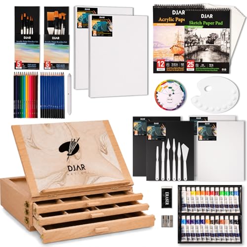 DJAR 87 Pcs Acrylic Paint Set with Tabletop Art Easel, 3-Drawer Storage Box | Complete Art Supplies Includes 24 Colors Acrylic Paint, Sketch Book & Pads, Premium Painting Kit for Adults and Beginners