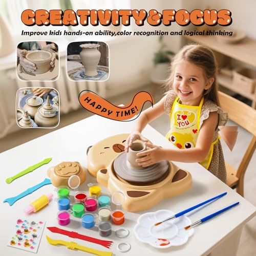 Skirfy Mini Pottery Wheel Machine Kit for Beginners Kids with Light,Electric Ceramic Wheel with Foot Pedal&Painting Kit, Adjustable Speed,Clay Spinner DIY Tools for Art Craft Birthday (Brown) - color: brown
