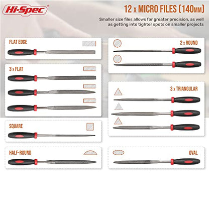Hi-Spec 16pc Metal Hand and Small Mini Needle Steel File Set in a Carry Case. Fine, Flat, Half, Round and Triangle Files for Crafts, Metal and Wood - size: 16 pieces