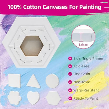 24-Pack 10cm (4") Mini Canvas for Kids, 100% Cotton Acid-Free Stretched Canvases with Easel for Painting, 5/8 Inch Profile 8 Ounce Shaped Canvas for Acrylics,Oils Paints, Perfect for Painting Party - size: 4" Canvas with 3.5x6.3" Easel Set - 24Pack