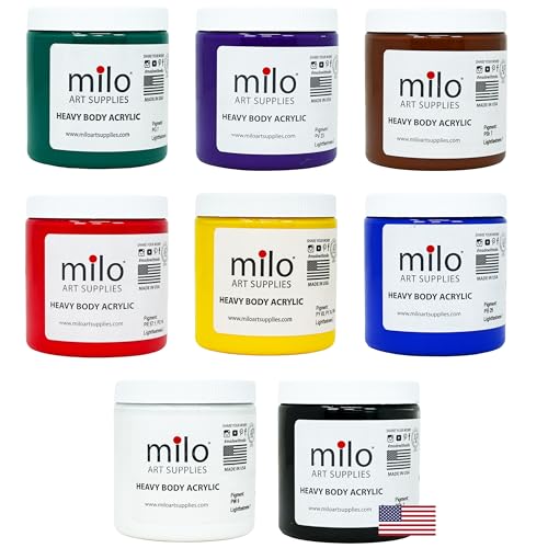 milo Acrylic Paint Set of 8 Colors | 8 ounce Jars | Heavy Body Acrylic Painting Set | Made in the USA | Non-Toxic, Holds Texture and Brush Strokes - style: Heavy Body Set 8 x 8 oz