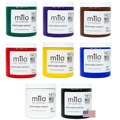 milo Acrylic Paint Set of 8 Colors | 8 ounce Jars | Heavy Body Acrylic Painting Set | Made in the USA | Non-Toxic, Holds Texture and Brush Strokes - style: Heavy Body Set 8 x 8 oz