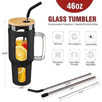 WINSA Glass Tumbler with Lid and Straw, 46 oz Iced Coffee Cup with Handle, Large Water Bottles with Silicone Sleeve, Glass Cup with Straws - Pearl Straw & Drinking Straw BPA Free-Black - color: Black, size: 46 Ounces