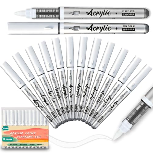 White Acrylic Paint Markers Pens 12 Pcs Creative Marker Set with Soft Brush Tip Blendable, Water-Based Formula for Paper, Wood, Ceramic, Glass, Rock, Canvas, Metal (12 White) - color: White