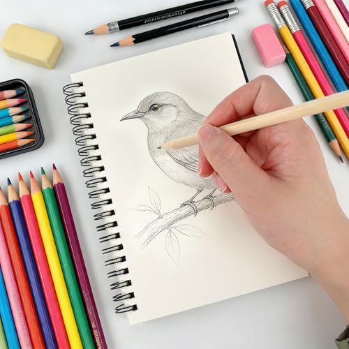 DSTELIN 7.5 x 5.1 Inch Sketch Book, 50 Sheets,100gsm, Spiral Bound Black Hardcover with Black Cover, Ideal for Sketching and Drawing