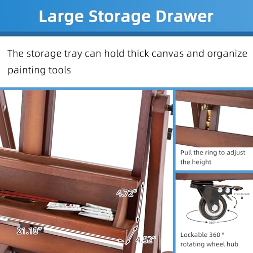 Falling in Art Extra Large H-Frame Studio Easel, Solid Beechwood Artist Easel with Storage Tray, Adjustable Canvas Holder Stand with Rolling Wheels for Painting Adult (Walnut) - style: Studio Easel Walnut