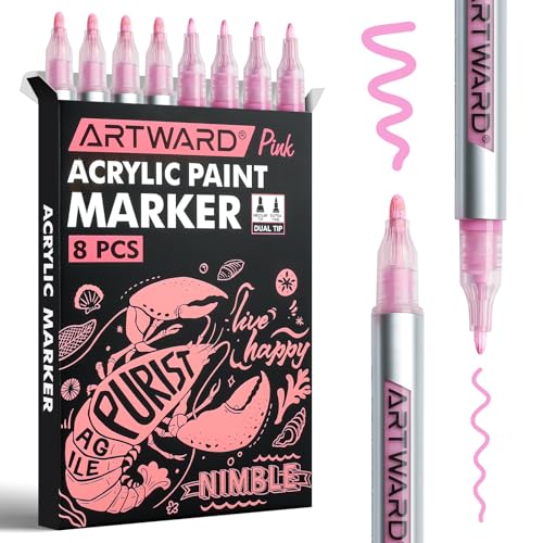 Pink Acrylic Paint Markers 8 Pack, Dual Tip 0.7mm & 3mm Acrylic Paint Pens, for Rock, Wood, Glass, Canvas, Ceramic, Metal, DIY Crafts - color: Pink