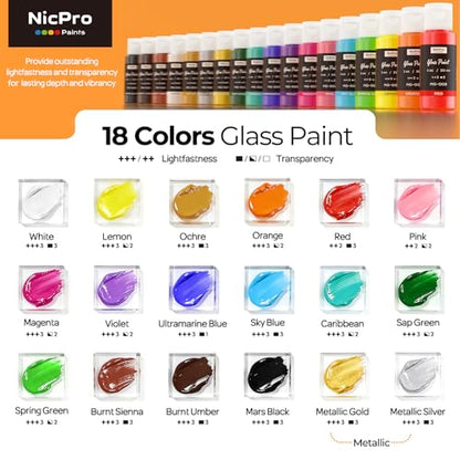 Nicpro 18 Colors Stained Glass Paint Set, 1oz / 30ml Waterproof Acrylic Enamel & Ceramic Glass Painting Kit for Arts on Transparent Wine Glasses Jars Windows with 6 Brushes & 1 Palette, Opaque Finish - size: 1 Fl Oz (Pack of 18)