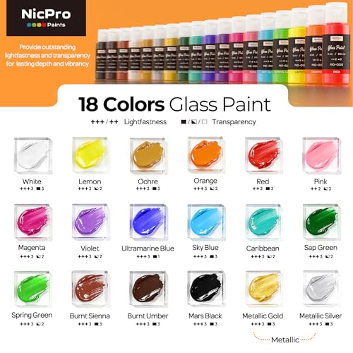 Nicpro 18 Colors Stained Glass Paint Set, 1oz / 30ml Waterproof Acrylic Enamel & Ceramic Glass Painting Kit for Arts on Transparent Wine Glasses Jars Windows with 6 Brushes & 1 Palette, Opaque Finish - size: 1 Fl Oz (Pack of 18)