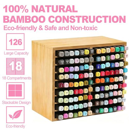 126 Bamboo Marker Organizer, Desktop Storage Hold 126 Markers, 18 Compartments Marker Storage for Home, Classroom, Office, Pen Pencil Holder Desk Art Supply Organizer