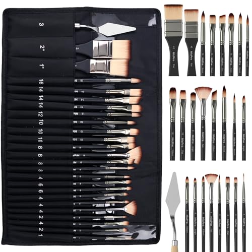 Nicpro 26pcs Paint Brush Set, Professional Paintbrushes with Palette Knife, Craft Paint Brushes for Acrylic Painting, Oil, Watercolor, Gouache & Canvas, Drawing & Art Supplies for Adults, Artists Gift - color: Black