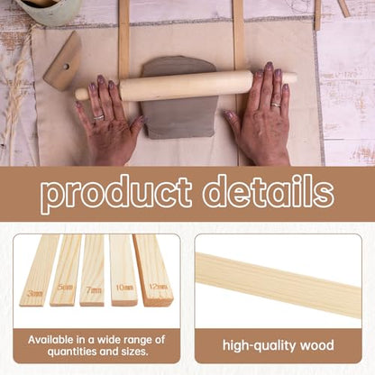 12 Pcs Pottery Tools Include 1 Wood Rolling Pin Sculpting Polymer Clay Tools 1 Portable Pottery Wedging Board/Linen Tablecloth and 10 Pcs 5 Size Teaching Rolling Mud Stick Guide