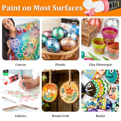 Caliart 24 Metallic Acrylic Paint Set with 12 Brushes | Craft Painting kit for Adults Artists Beginners, Rich Pigment Non-toxic, Canvas Wood Rock Pumpkin Ceramic Art Supplies Paint - color: Metallic, size: 2 Fl Oz (Pack of 24)