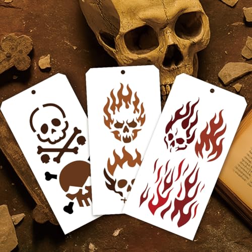 12 Sheets Skeleton Flame Painting Stencils, 24 Styles Halloween Skull Drawing Templates Reusable Border Stencil for Painting on Wall Wood Home Decor - style: Skeleton Flame