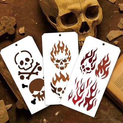 12 Sheets Skeleton Flame Painting Stencils, 24 Styles Halloween Skull Drawing Templates Reusable Border Stencil for Painting on Wall Wood Home Decor - style: Skeleton Flame