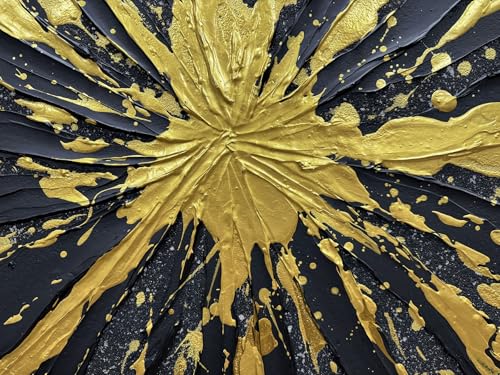 V-inspire Art Modern Abstract Canvas Wall Art, Black and Gold Starburst Design, Hand-Painted Oil Acrylic, 28x40 Inch