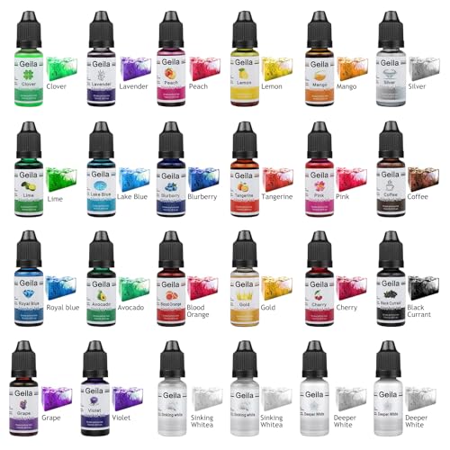 Geila Alcohol Ink Set 24 Colors – High Concentration Alcohol Inks for Resin, Vibrant Epoxy Resin Dye for Petri Dish, Coaster, Tumbler Cup, Art Painting (Each 0.35oz)