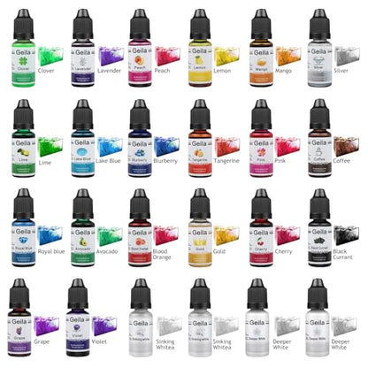 Geila Alcohol Ink Set 24 Colors – High Concentration Alcohol Inks for Resin, Vibrant Epoxy Resin Dye for Petri Dish, Coaster, Tumbler Cup, Art Painting (Each 0.35oz)