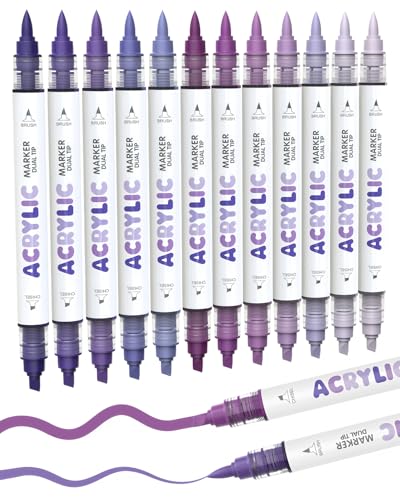Guangna 12 Purple Dual Tip Acrylic Paint Markers, Brush Tip & Chisel Tip Acrylic Paint Pens for Pumpkin Paint, Rock, Wood, Glass, Paper, Coloring Book, Ceramic, Canvas, Water-Based Ink - color: Purple