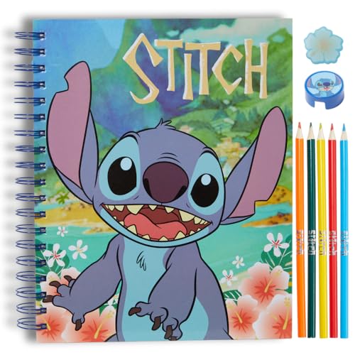 Disney Stitch Sketchbook for Kids with Colored Pencils, Pencil Sharpener, Eraser, Spiral Bound, Blue - color: Stitch