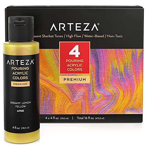ARTEZA Iridescent Metallic Acrylic Paint, Set of 4, Sherbet Tones, 4 fl oz, High-Flow Paint for Canvas, Glass, Wood, Ceramics - style: 4 x 118ml (4 fl oz) Sherbet Tones
