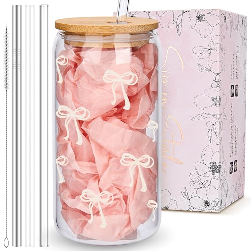 Coquette Cute Cream Bow Glass Cups with Lids and Straws, Aesthetic Iced Coffee Cup Girly Preppy Tumbler Mug Room Decor, Christmas Valentines Birthday Gifts for Women, Teen Girl Gifts Trendy Stuff - color: 03-Bow-Cream