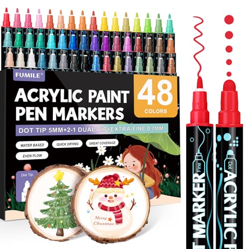 FUMILE 48 Colors Acrylic Paint Marker Dual Tip(Fine and Dot Tip), Paint Pens Acrylic Markers for Wood, Rock, Plastic, Glass, Ceramic, Canvas.Acrylic Markers Set for DIY Christmas Card and Art - style: 48 Colors Round and Fine Tip