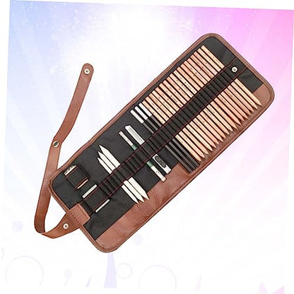 Veemoon 29-Piece Beginner Sketch Pencil Set with Wooden Holder and Storage Roll Bag for Art Supplies for Drawing Sketching and Professional Artists