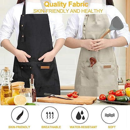 Kitchen Cooking Apron for Women Men with Big Pockets Canvas Waterproof Aprons for Server Pottery Artist Chef Apron - color: Off-white