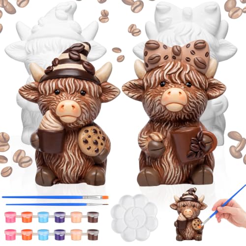 Poen 2 Set Coffee Highland Cow Ready to Paint Your Own Statue Sweet Coffee Lover Gift 4" Mini Paintable Ceramics Blank Cow Figurine Brush Palette Paint for Craft DIY Home Decor Adult Mother's Day - style: Coffee Highland Cow